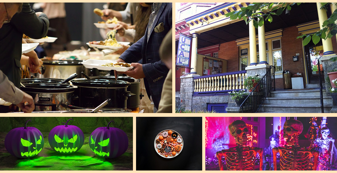 Collage with a buffet scene, a colorful house, glowing Halloween pumpkins, a skeleton-themed dish, and neon-lit skeleton decorations, creating a festive vibe.
