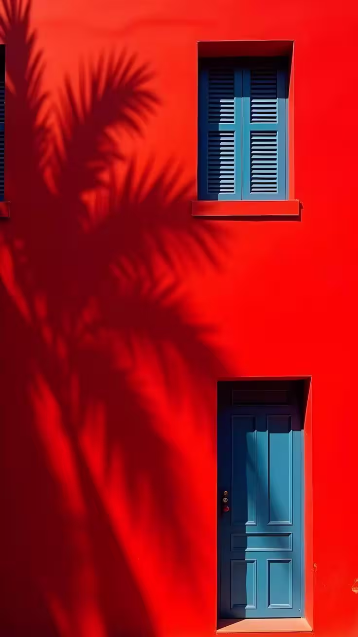 Porte rouge avec néon bleu dans l'obscurité