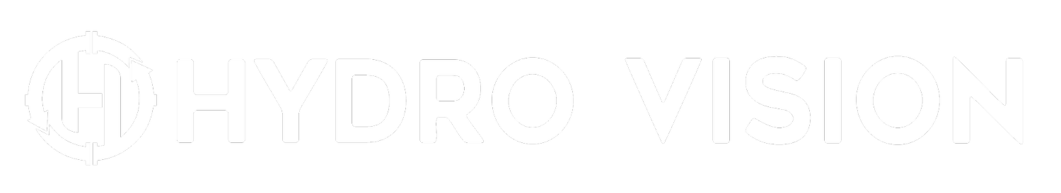 Hydro Vision logo with stylized 'H' inside a segmented circular design, followed by bold text 'HYDRO VISION' on black background.