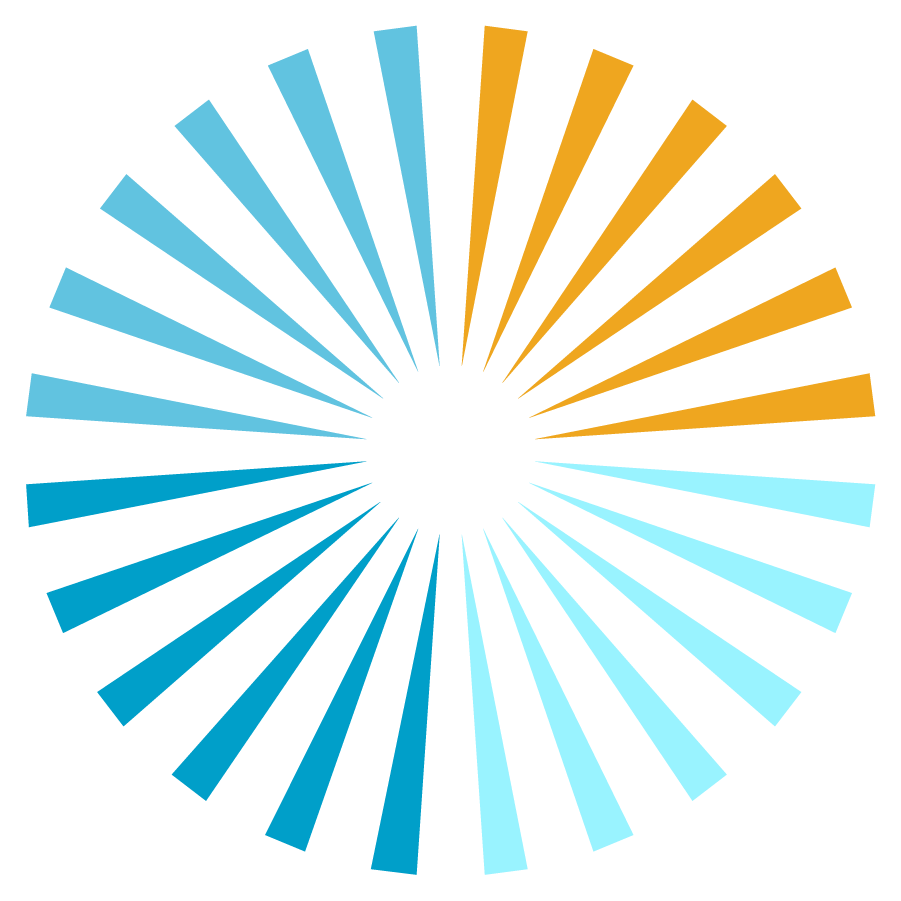 Circular radial pattern of elongated triangles in shades of blue and orange on white background.