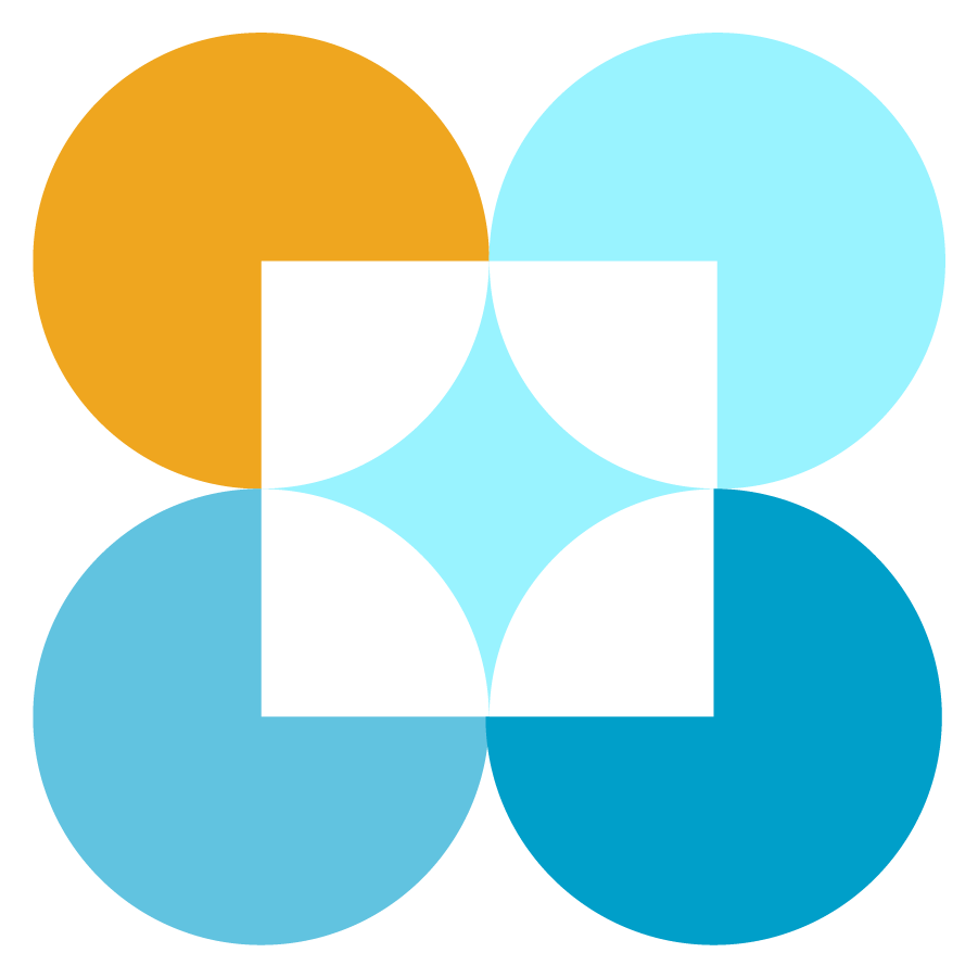A geometric pattern of four large colored circles forming a square with a smaller white square in the center.