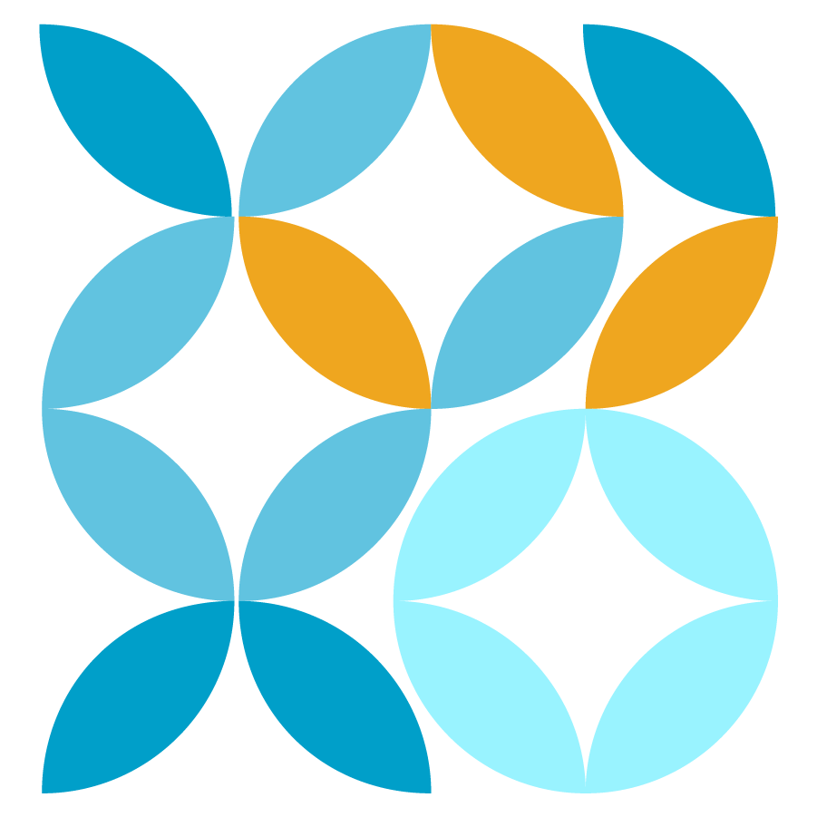 Abstract geometric pattern of overlapping petal shapes in shades of blue and orange forming circular and diamond shapes.