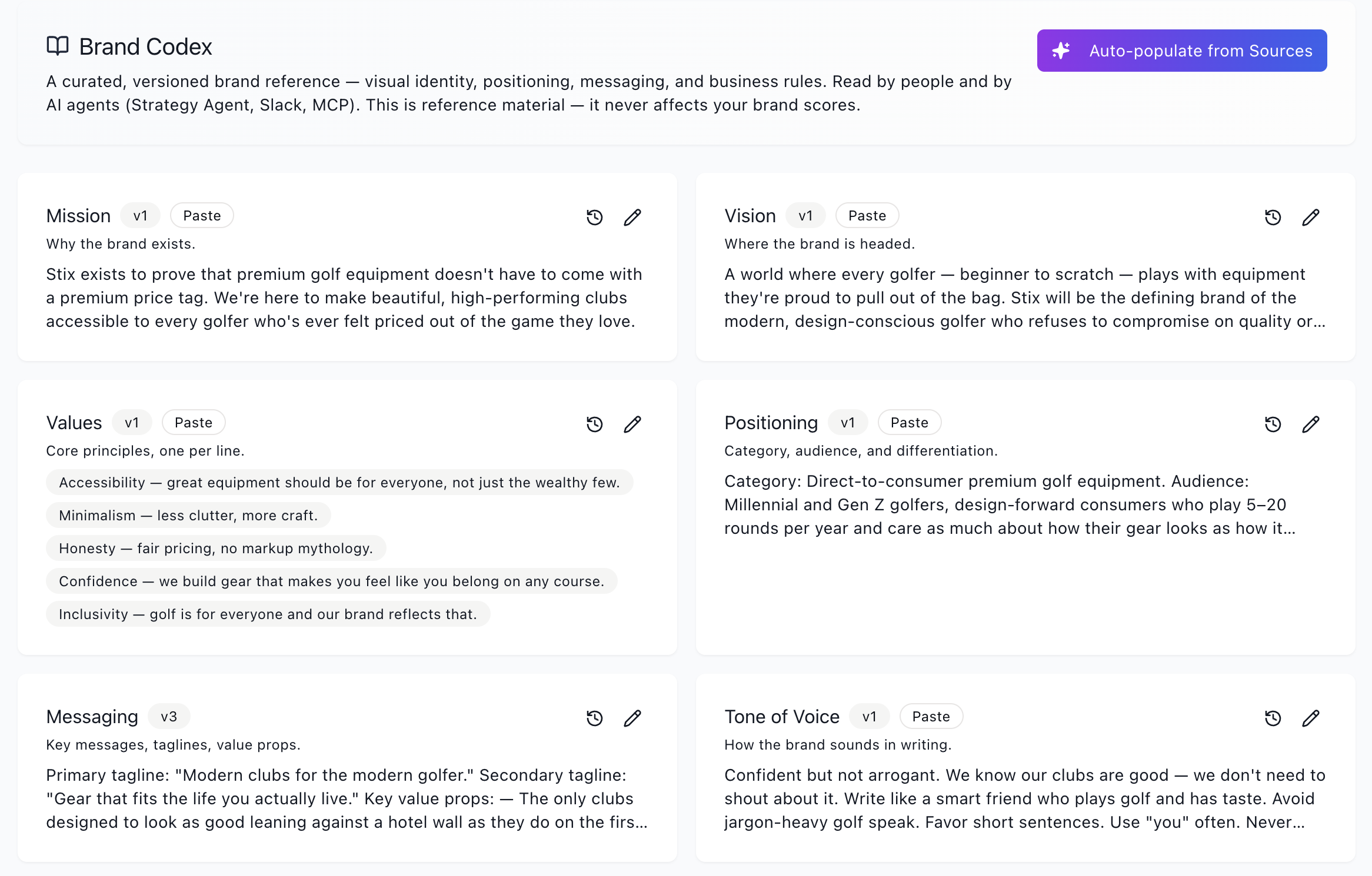 Brandmaven Brand Ledger showing recorded brand decision with context, reasoning, and expected outcome captured