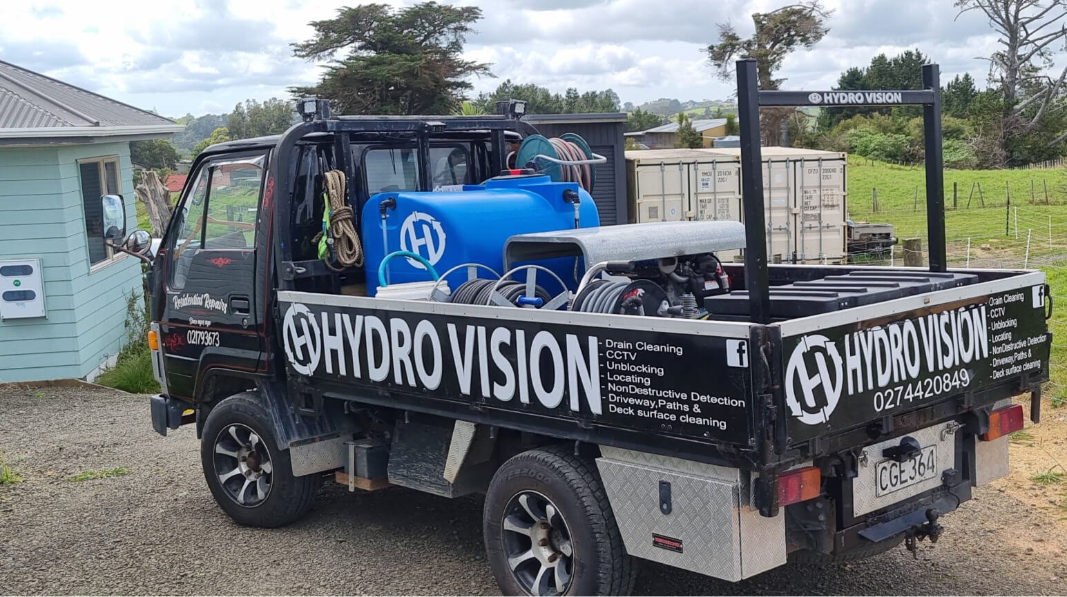 Hydro Vision drain cleaning truck carrying water tanks and jetting equipment