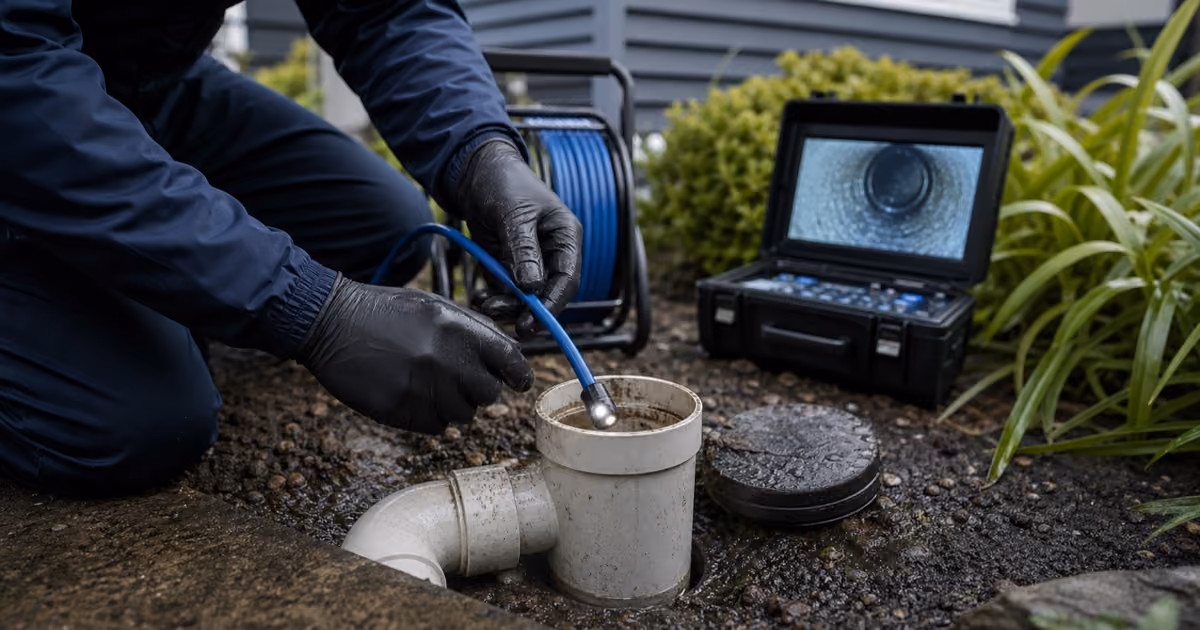 CCTV drain camera being guided into a residential drain pipe for inspection