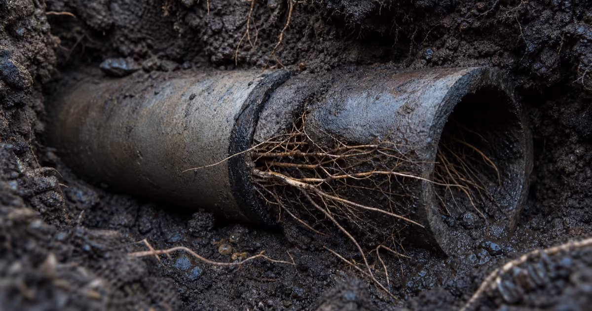 Tree roots entering through a failed underground drain pipe joint