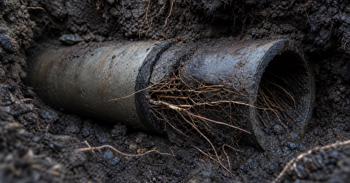 Tree roots entering through a failed underground drain pipe joint