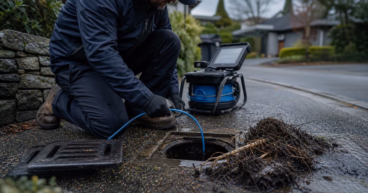 Drainage technician investigating a recurring pipe blockage with CCTV equipment