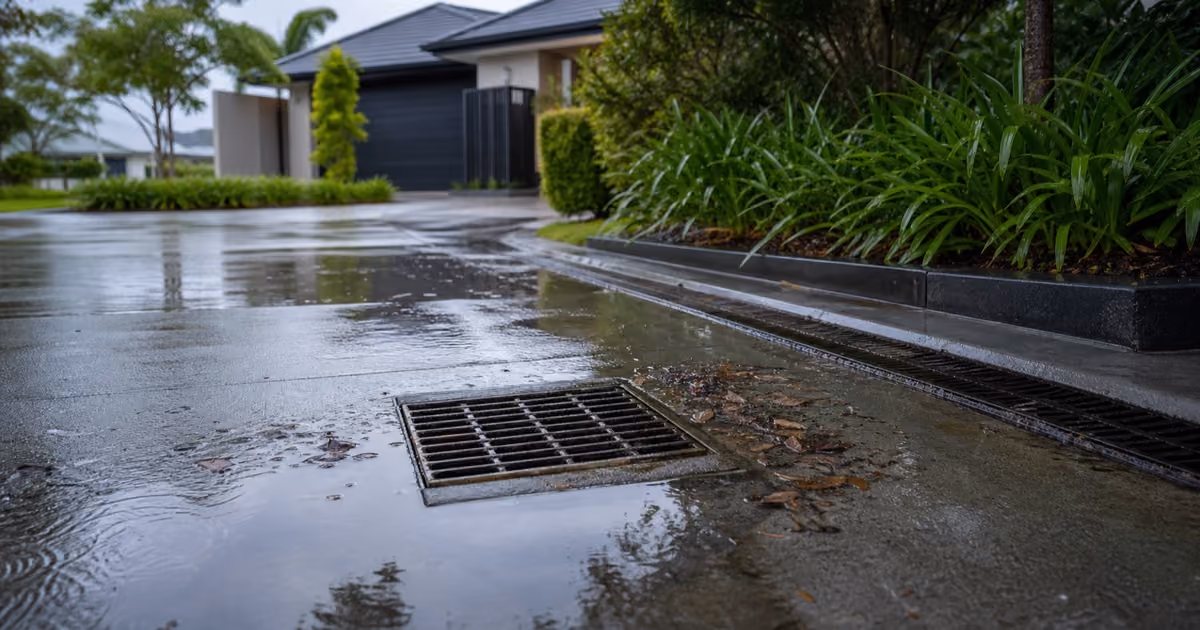 Rainwater pooling around a stormwater catchpit on an Auckland driveway