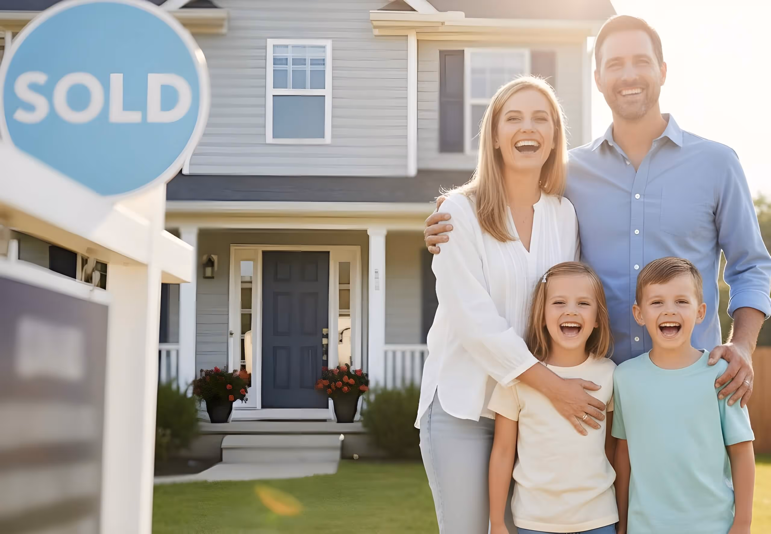 A happy family in front of their house with a sold sticker