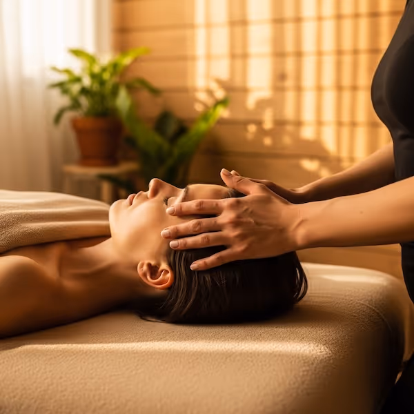 Woman lying on a massage table receiving a head massage with indoor plants in the background.