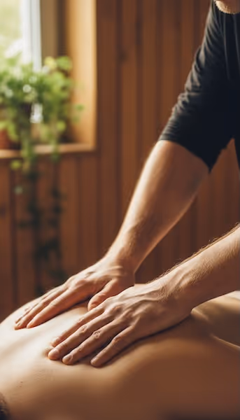 Close-up of hands giving a back massage in a warm, softly lit room with a potted plant near the window.