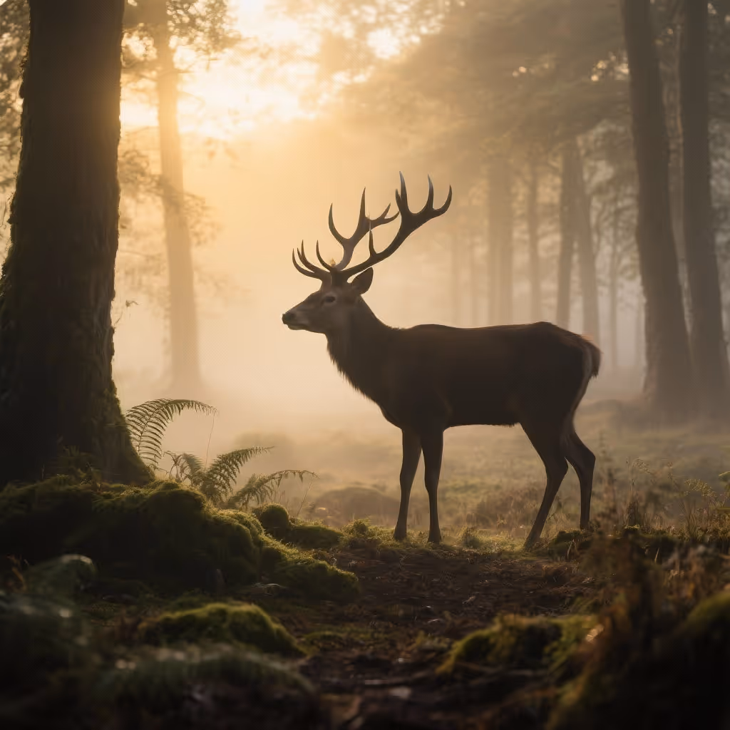 A stag stands in a misty forest clearing at dawn, golden light streaming through the trees and illuminating the soft moss beneath its feet. The atmosphere feels quiet and sacred, evoking a sense of stillness, transition, and grace.