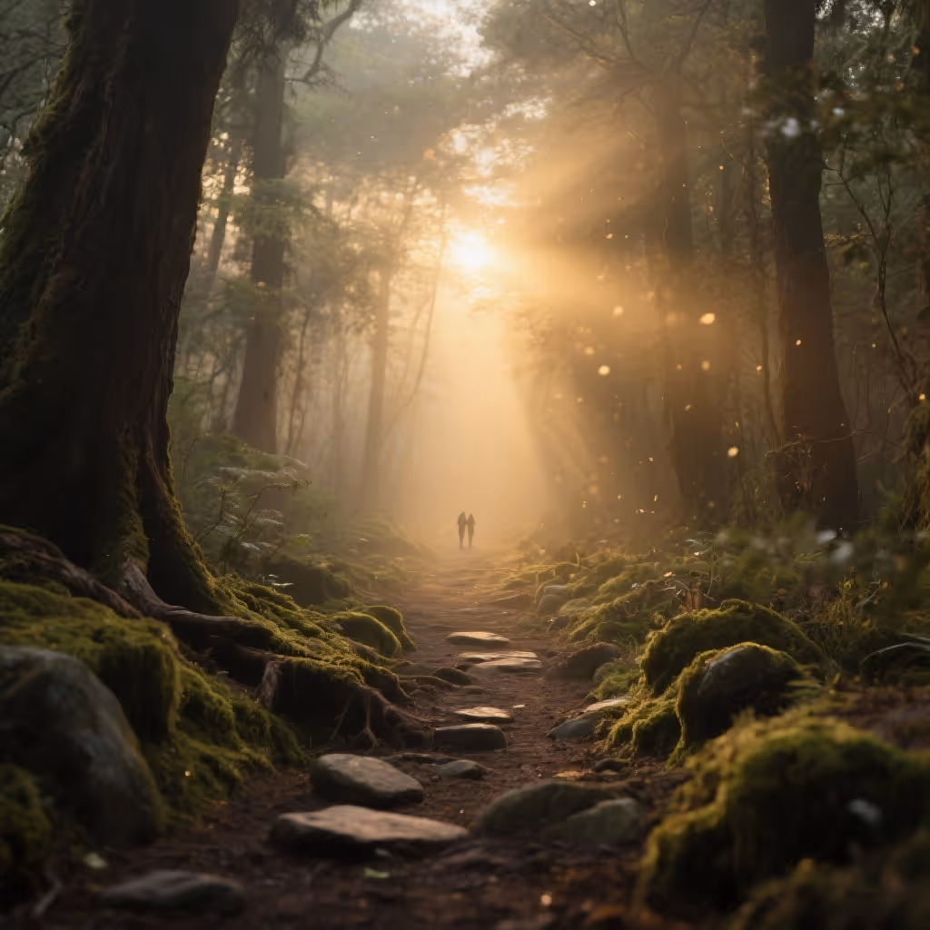 A sunlit forest path lined with moss and roots leads toward a golden light breaking through the trees. Two small figures walk together in the distance, symbolizing guidance, transformation, and the journey through change.