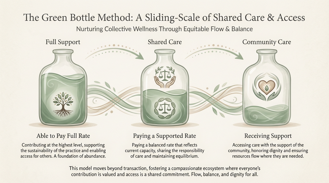 Green Bottle Method infographic showing three bottles representing full support, shared care, and community care in a sliding-scale wellness model.