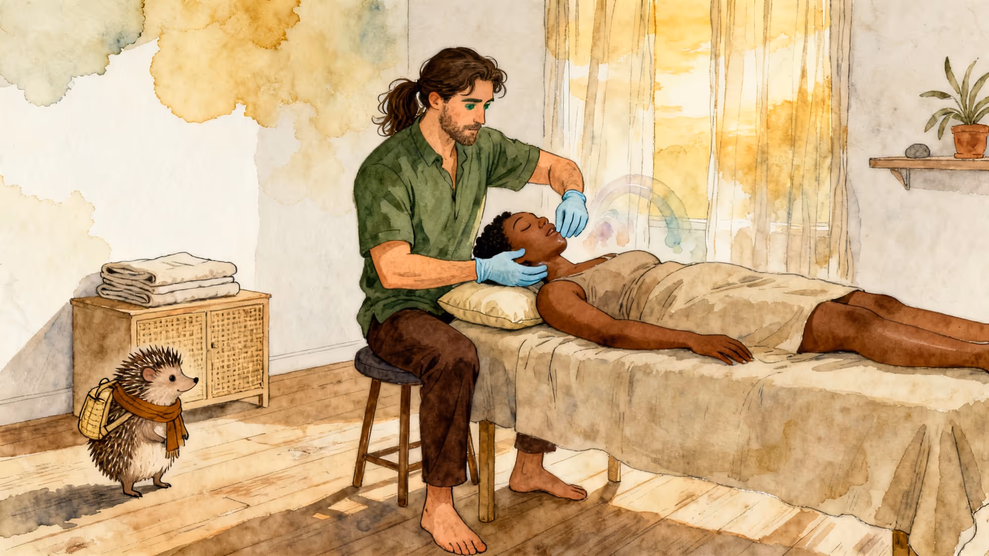 Watercolor illustration of a massage therapist performing gentle intraoral jaw work on an adult Black woman lying supine in a calm, minimal massage studio, with soft daylight, subtle movement cues, and a small hedgehog observing quietly in the background.