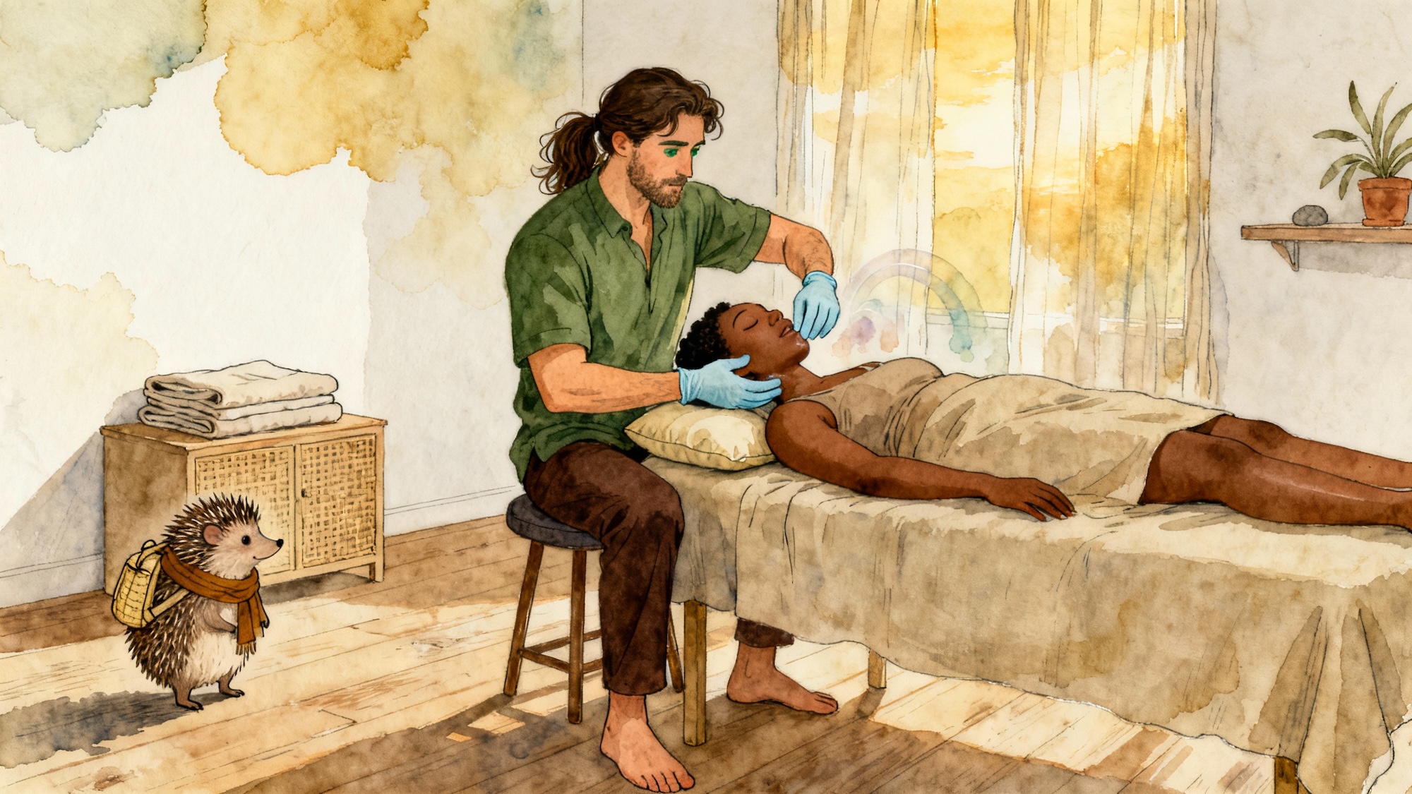 Watercolor illustration of a massage therapist performing gentle intraoral jaw work on an adult Black woman lying supine in a calm, minimal massage studio, with soft daylight, subtle movement cues, and a small hedgehog observing quietly in the background.