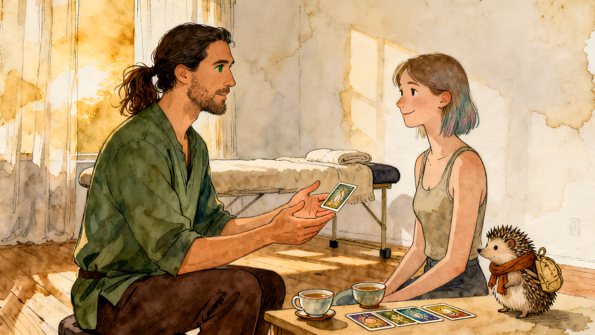 Therapist and client sit at a small table sharing tea and cards in a softly lit studio, calm and conversational.