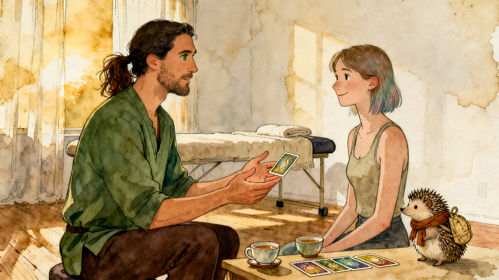 Therapist and client sit at a small table sharing tea and cards in a softly lit studio, calm and conversational.