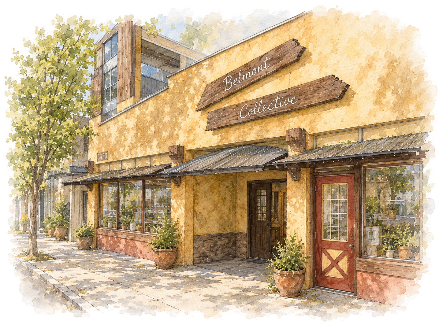 Watercolor study of the Belmont Collective building and its shared entrance.