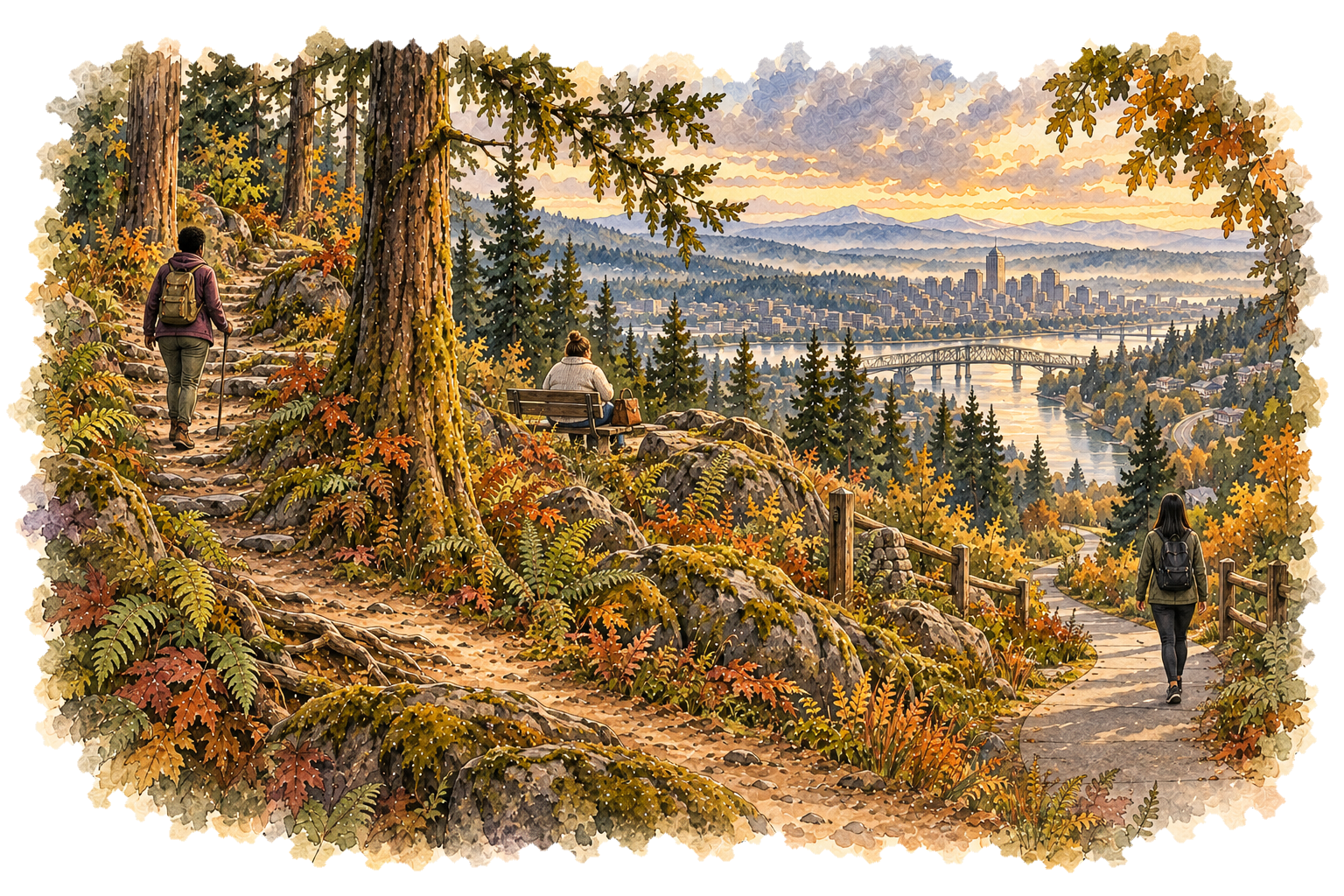 Watercolor woodland overlook where several ordinary-life paths converge.