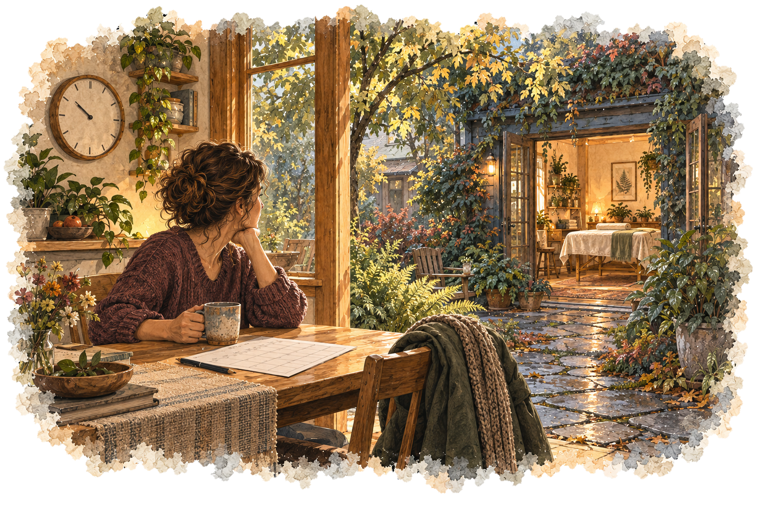 Watercolor scene of a person making room for care between home and a warmly lit studio.