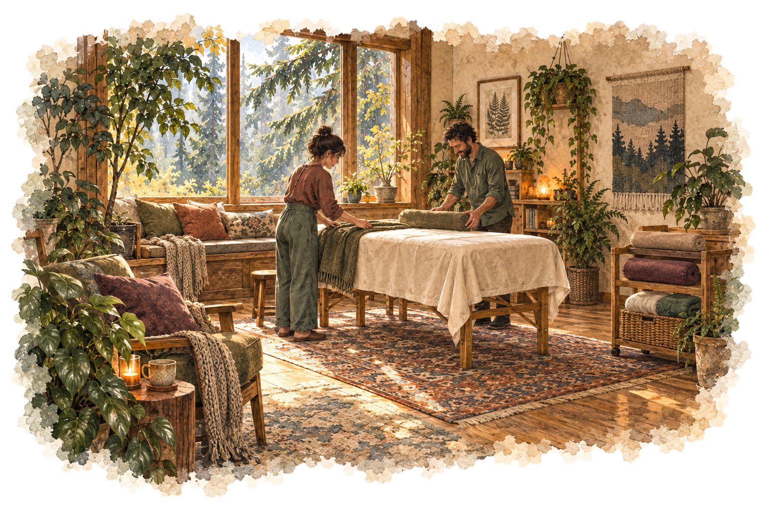 Watercolor treatment room where two people adjust bolsters and blankets together.