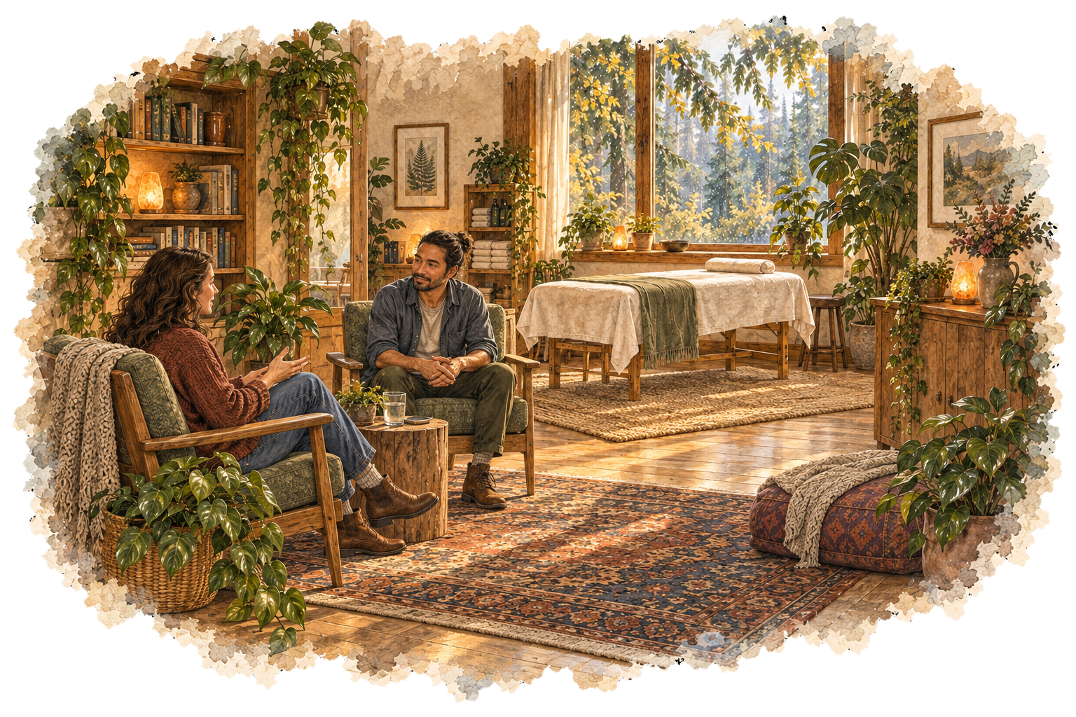 Watercolor studio showing conversation, a prepared table, and water by the window.