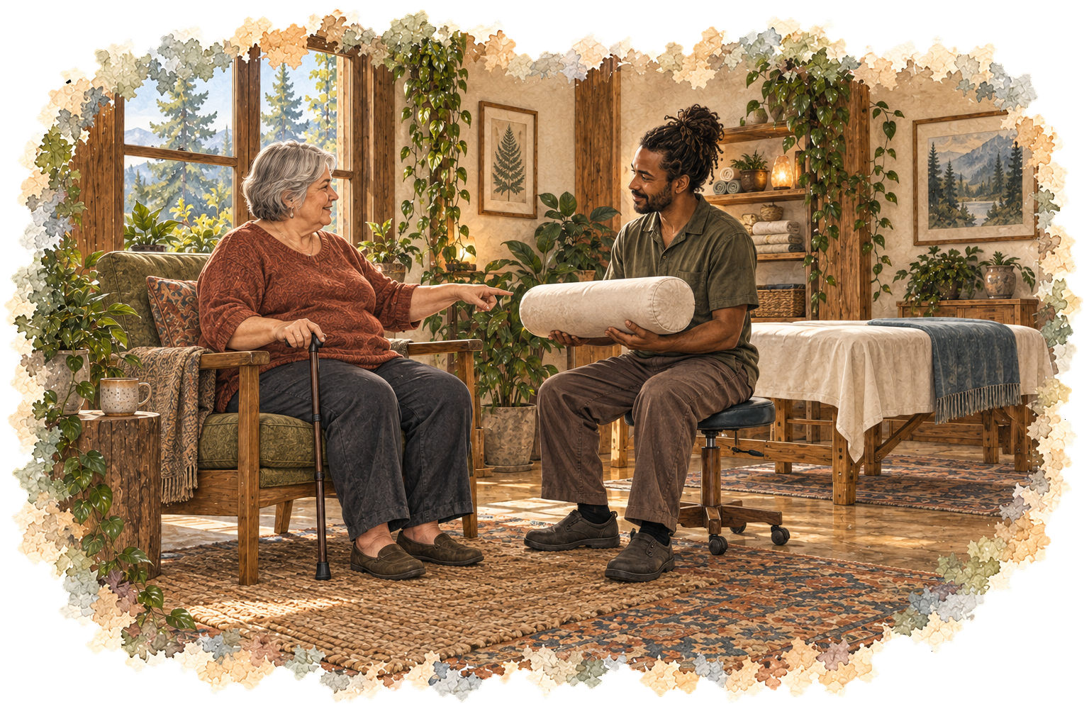 A client and practitioner discuss a bolster and positioning options beside a covered treatment table.
