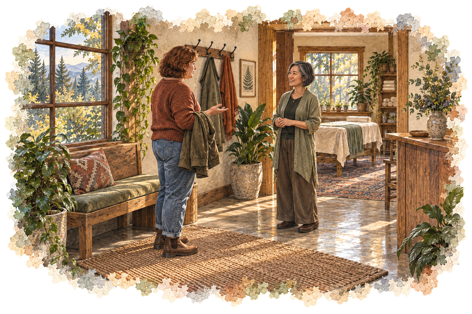 A visitor holding a coat asks a practitioner a question before entering the treatment space.