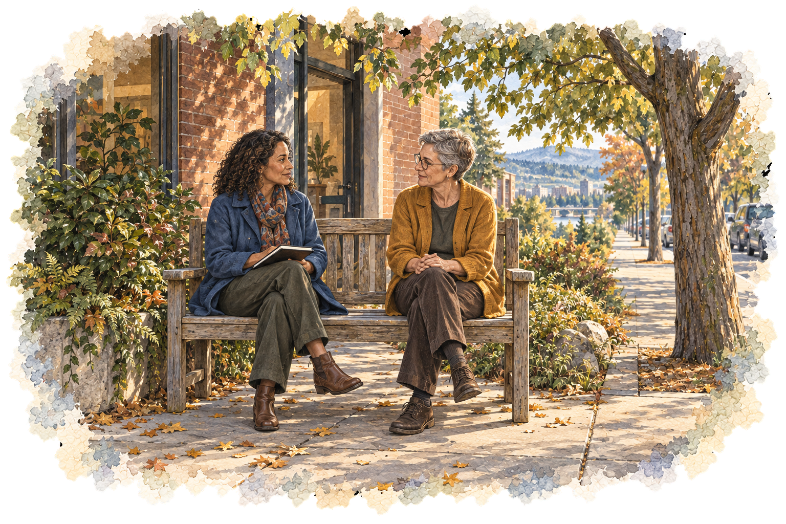 Two adults talk at equal eye level outside a neighborhood practice.