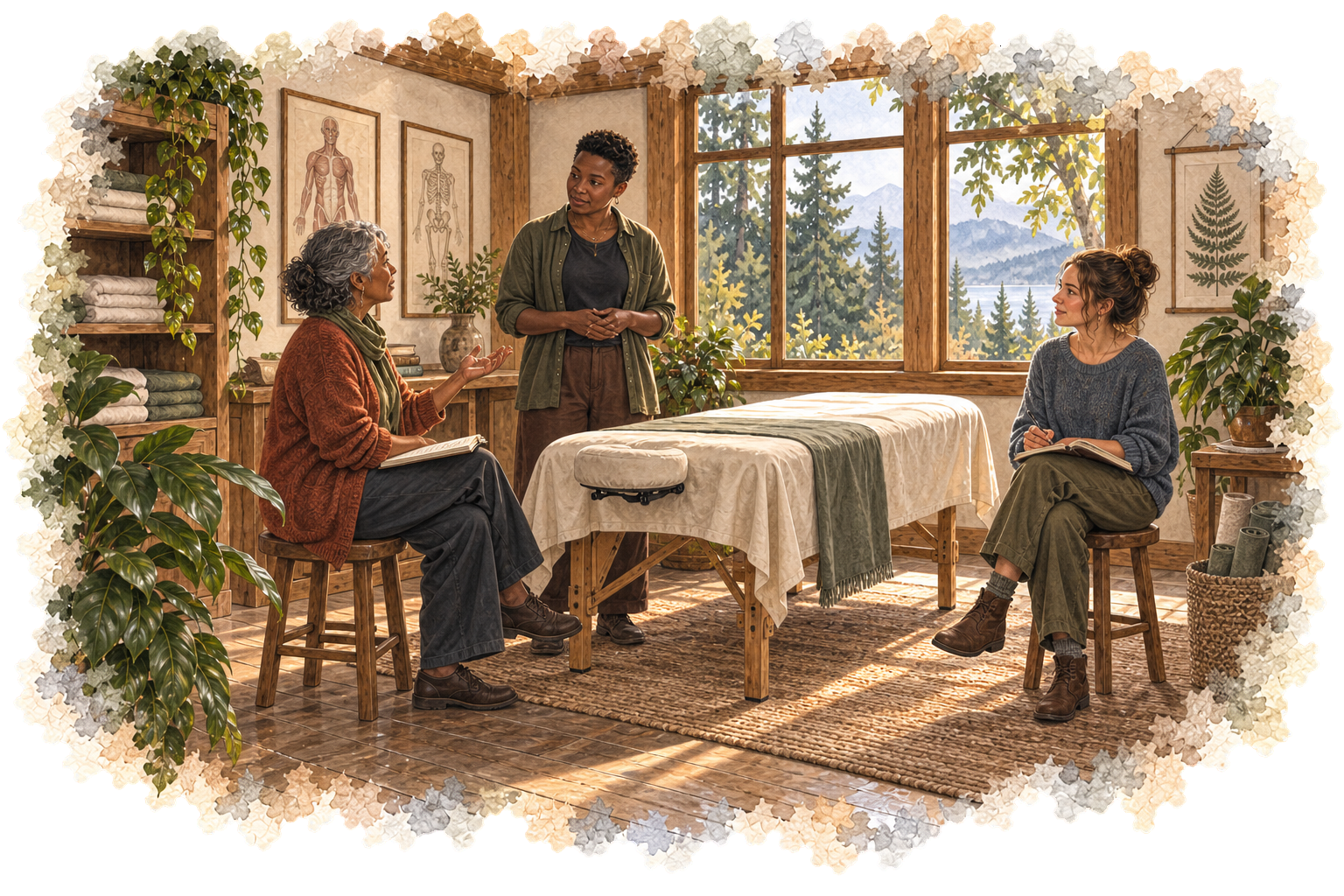Three learners discuss a question around an empty covered treatment table.