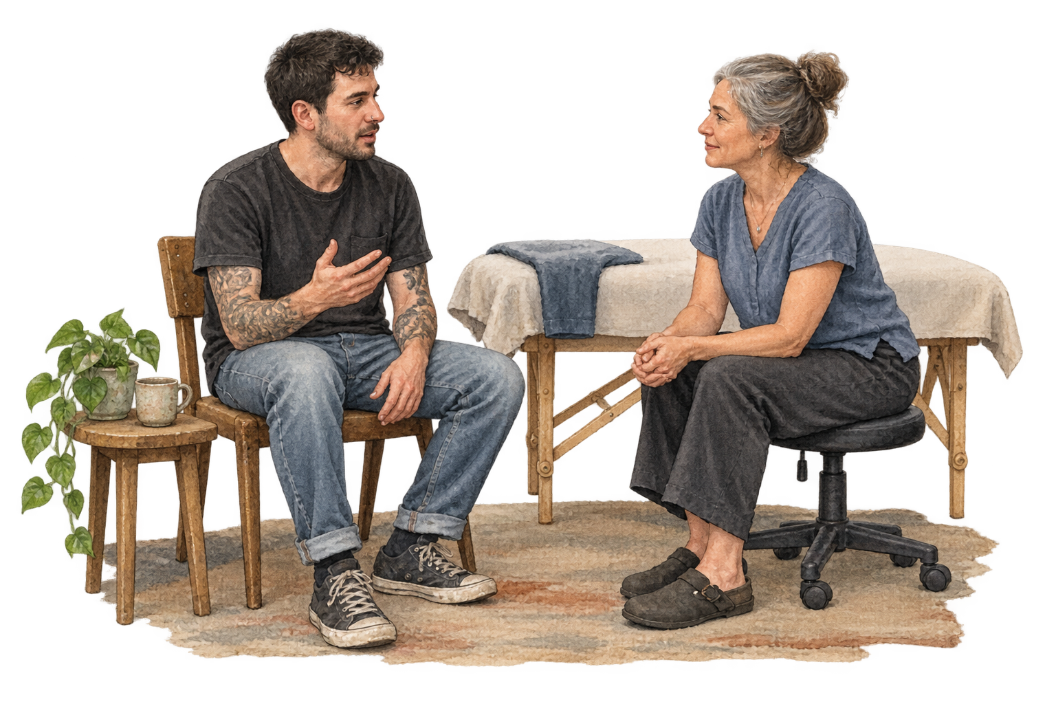 A tattooed client and a gray-haired practitioner talk at eye level beside a prepared massage table.