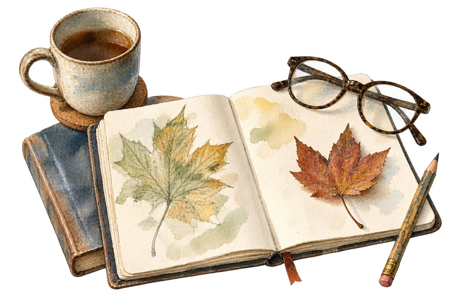 An open sketchbook with a painted maple leaf, a fallen leaf, glasses, a pencil, and a ceramic mug.