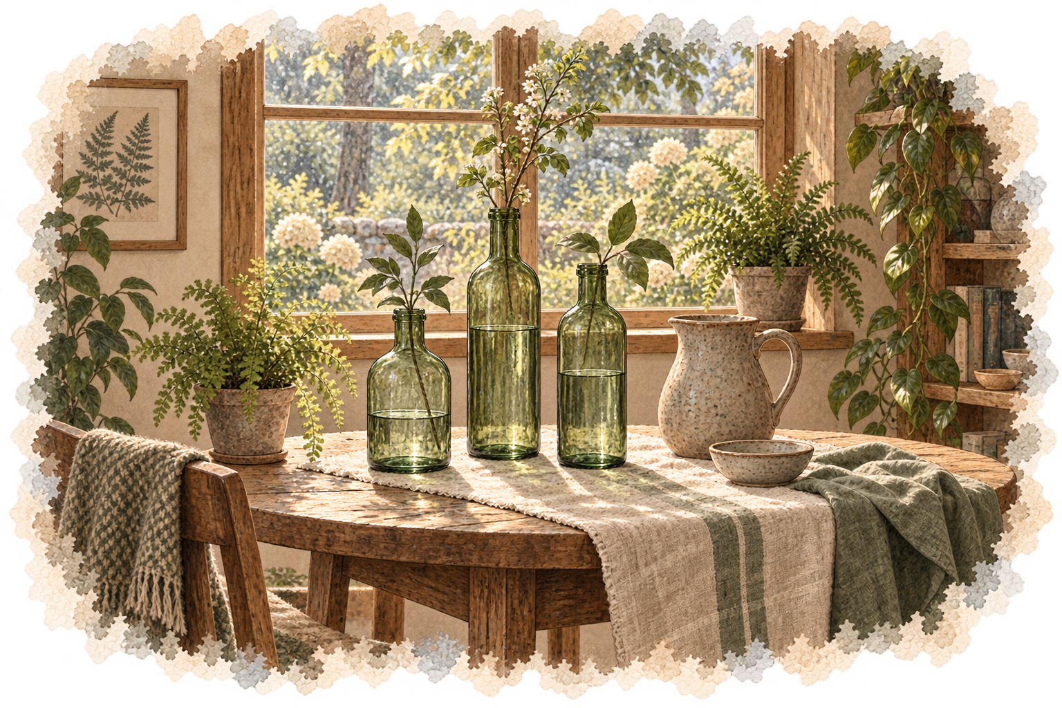 Watercolor still life of three green glass bottles with different water levels beside a pitcher, linen, and plants in warm window light.