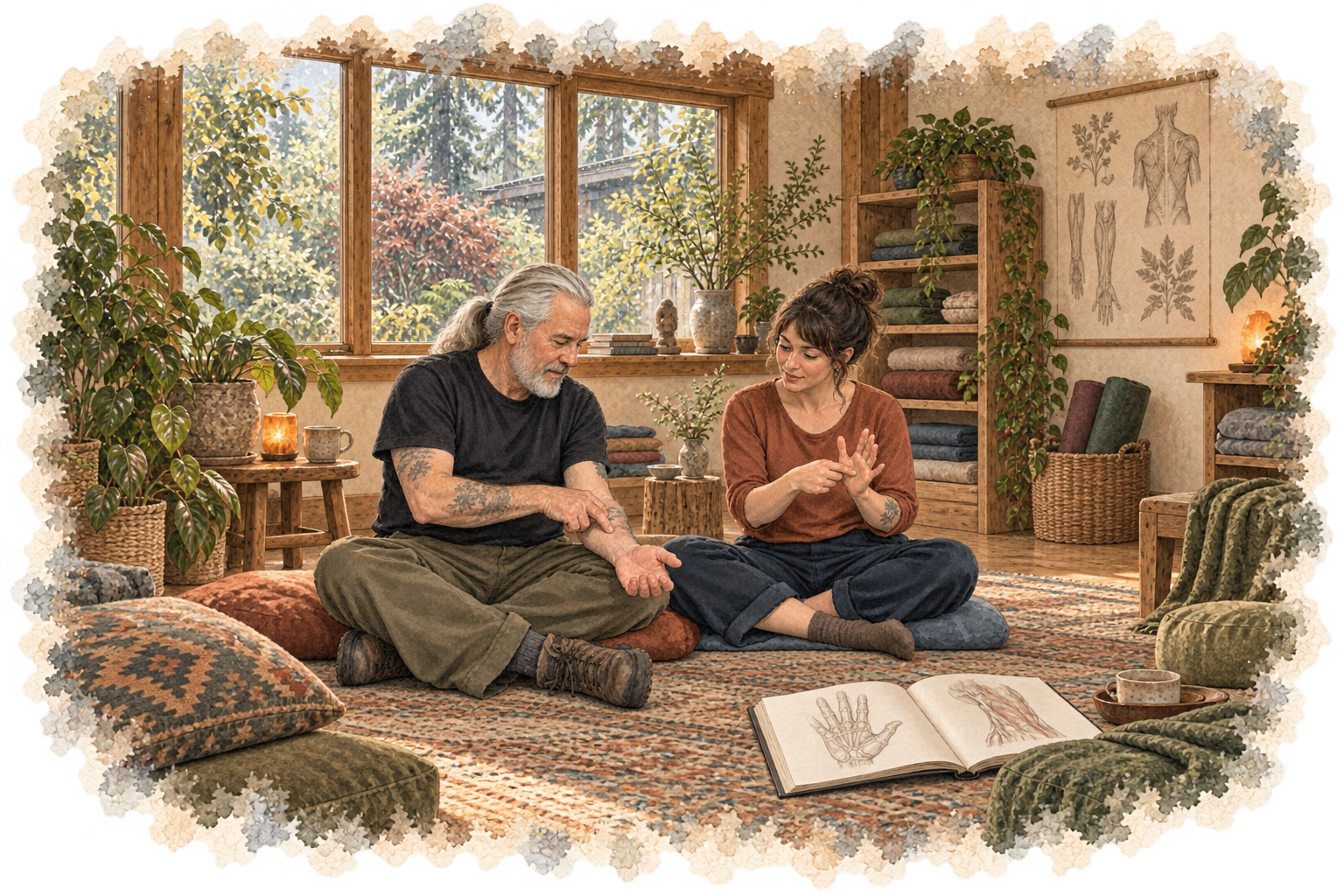 Watercolor scene of two adults exploring hand and forearm positions together in a welcoming learning studio.