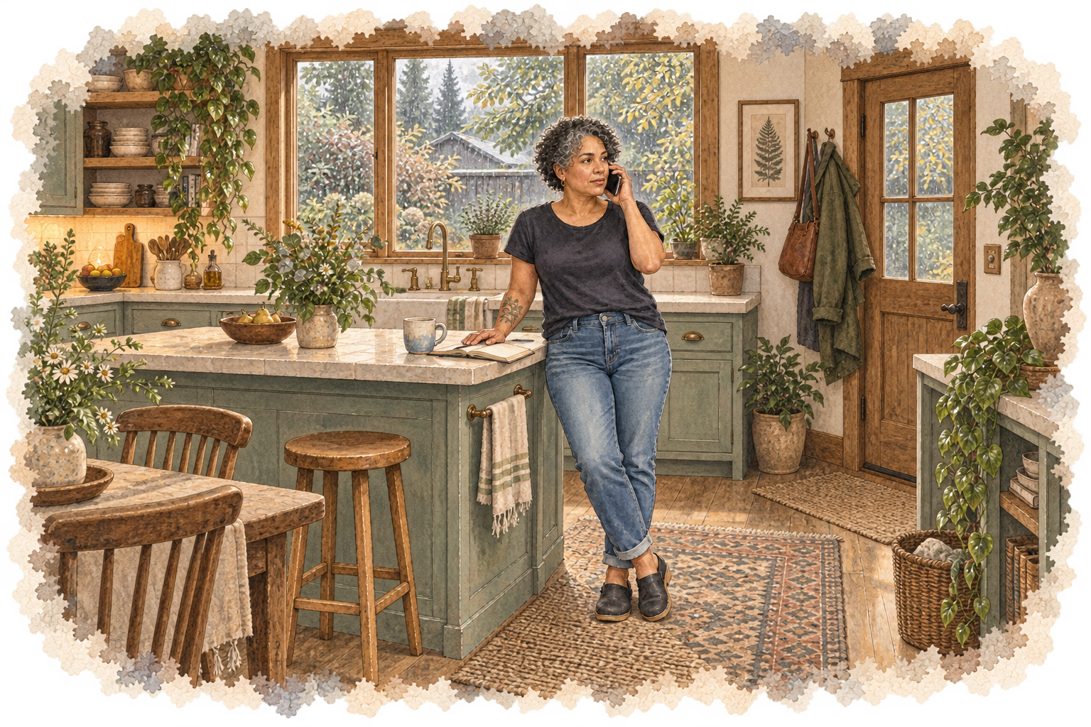 Watercolor scene of an adult making a phone call in a warm, plant-filled kitchen with a notebook nearby.