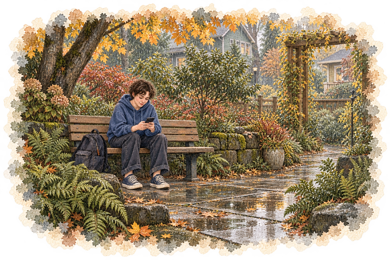 Watercolor garden scene of a person considering options on a phone while seated on a bench among ferns and autumn trees.