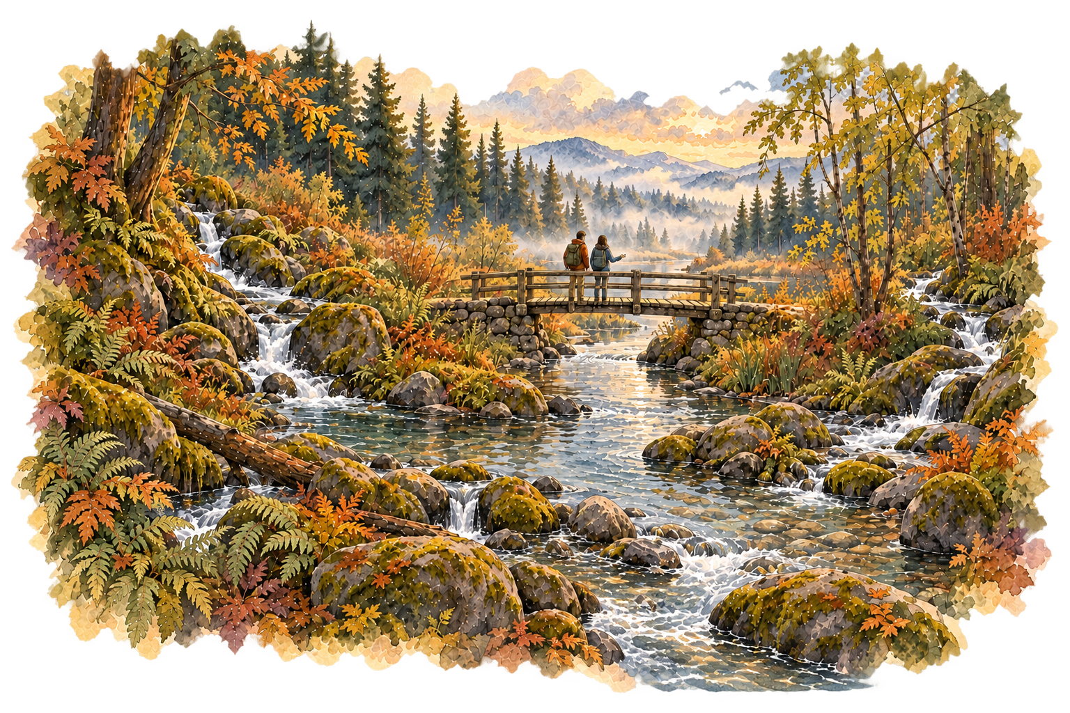 Watercolor woodland streams joining into a continuous foreground river beneath a bridge where two people pause together.