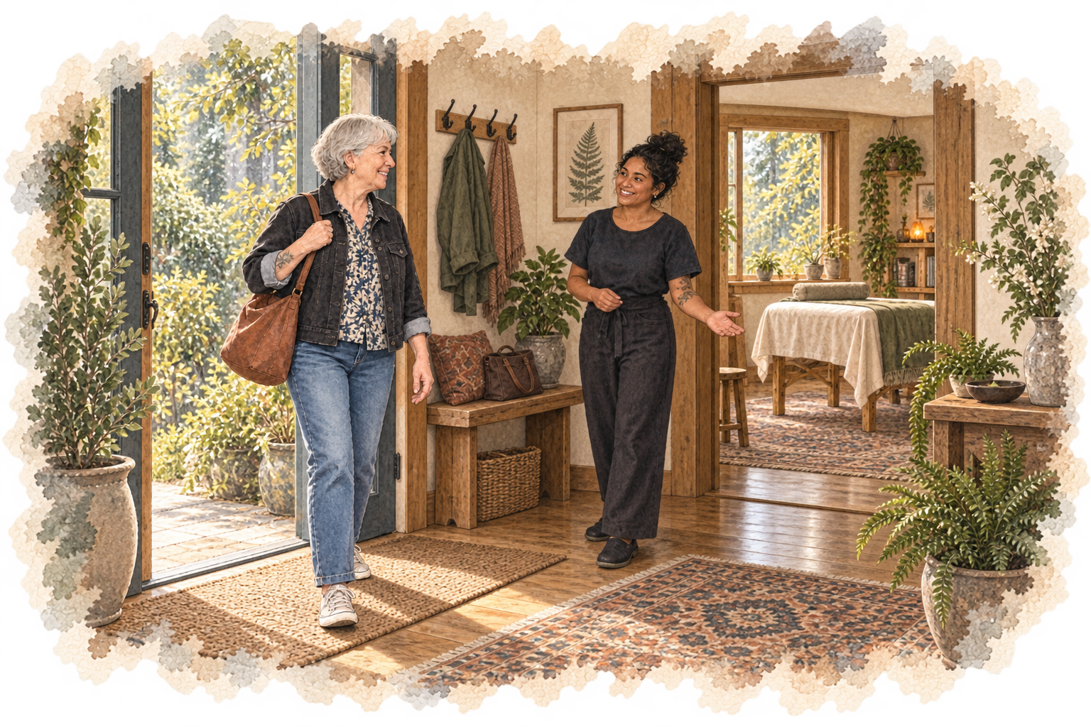 Watercolor illustration of a visitor being welcomed into a warm studio with a place for belongings and a prepared massage table beyond.