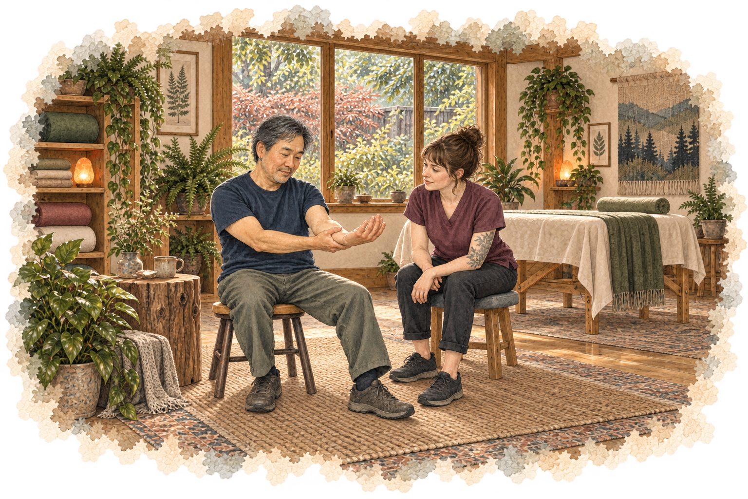 Watercolor studio scene of a seated adult exploring forearm movement while a practitioner listens and observes.