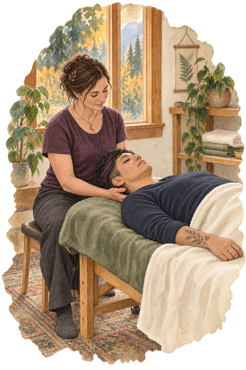 Watercolor illustration of a person resting with a practitioner's hands gently supporting their head.