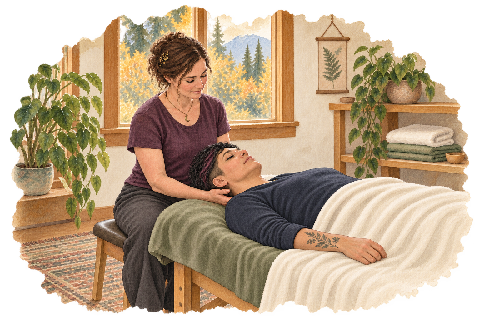 Watercolor illustration of a person resting with a practitioner's hands gently supporting their head.