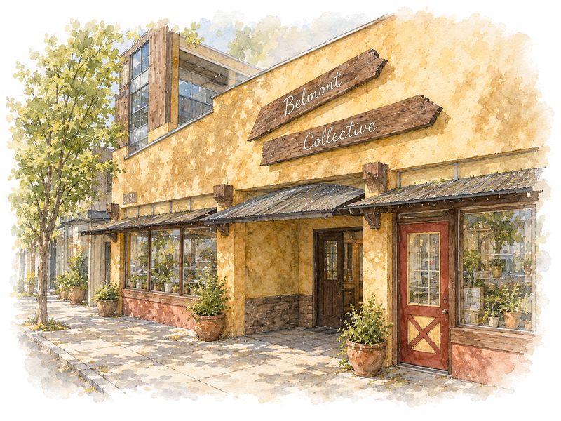 Watercolor study of the Belmont Collective building and its shared entrance.
