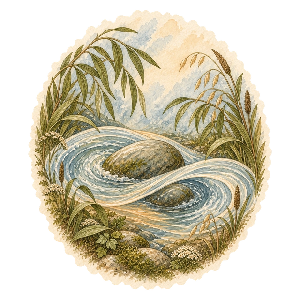 Watercolor illustration of a stream flowing around stones, framed by plants.