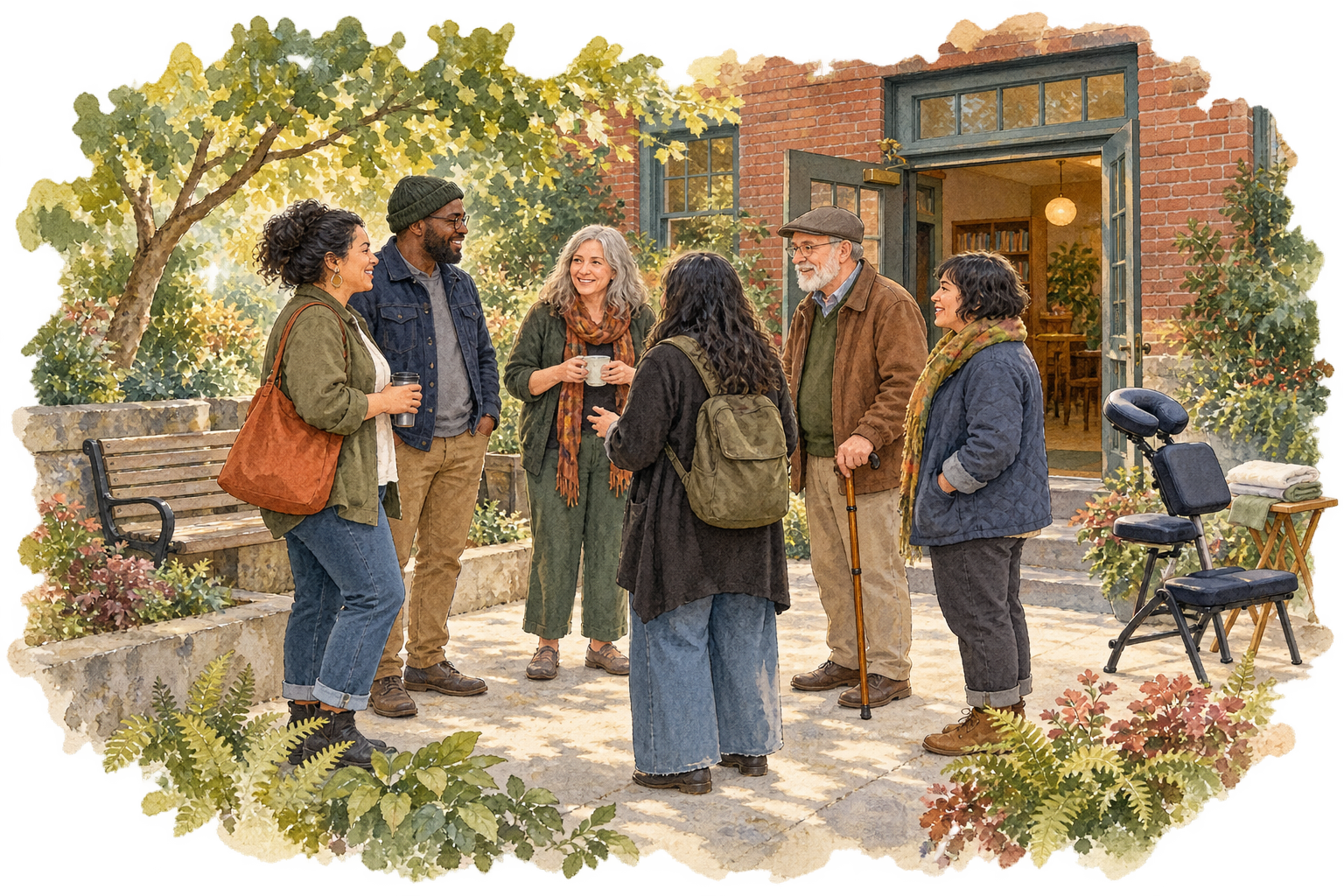 Adults gather and talk in a leafy community courtyard, with a massage chair set nearby.