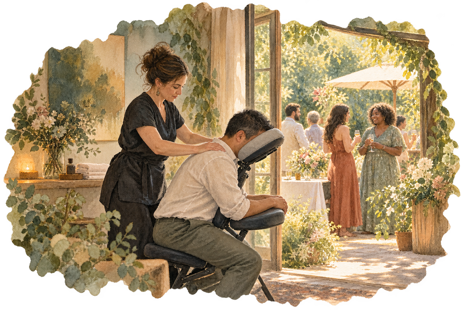 A clothed guest receives chair massage in a quiet room beside a garden celebration.