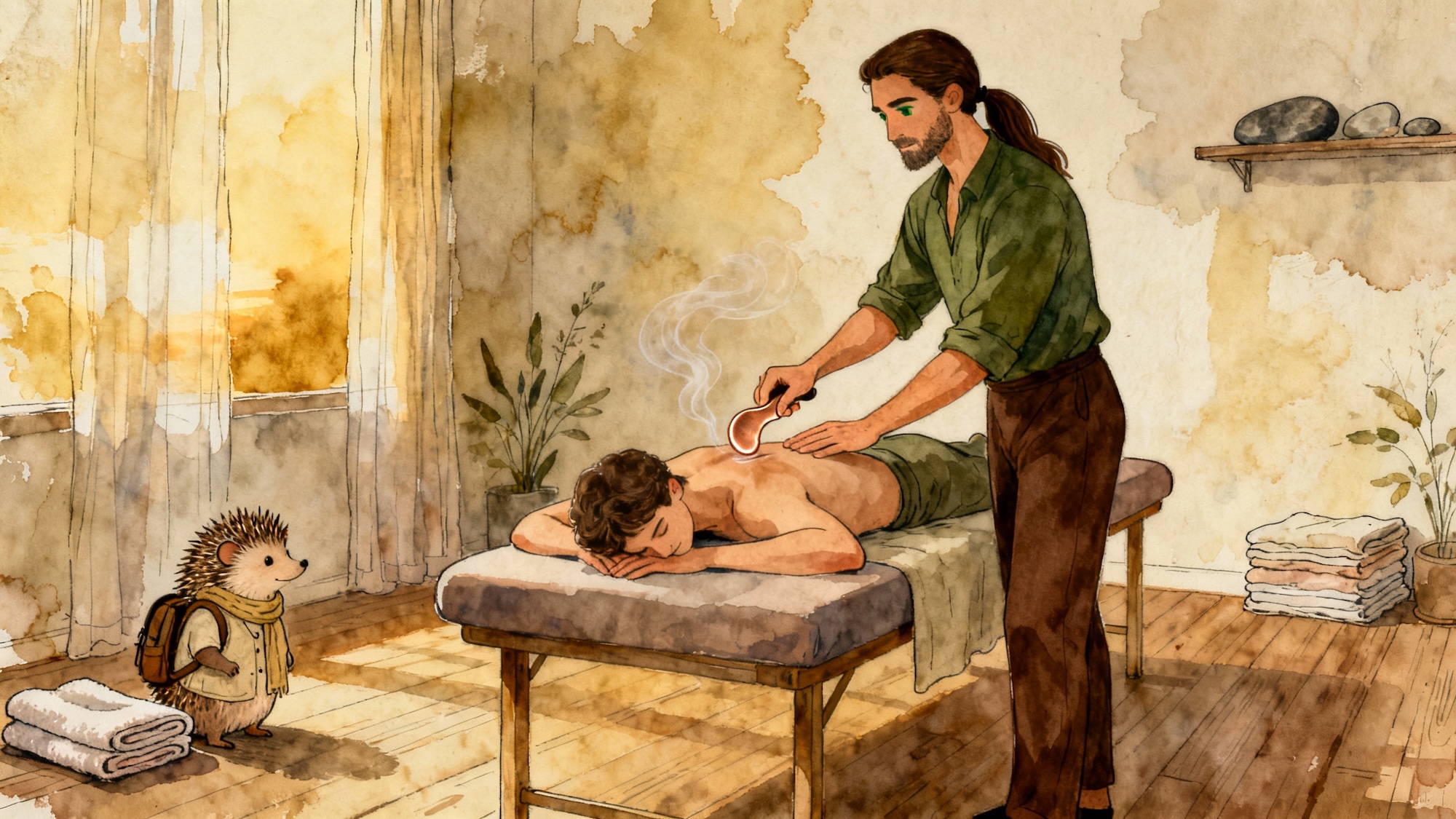 Massage therapist using a copper gua sha tool during a therapeutic bodywork session.