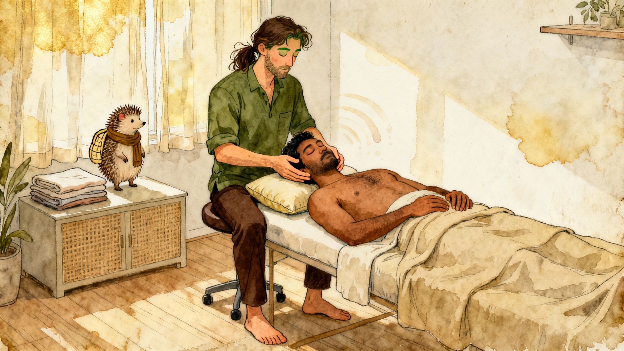 Watercolor illustration of a calm massage studio where a barefoot therapist seated at the head of a table gently holds a supine client’s head with fingertips; both have eyes closed, subtle movement lines suggest slow breath, and a small hedgehog observes q