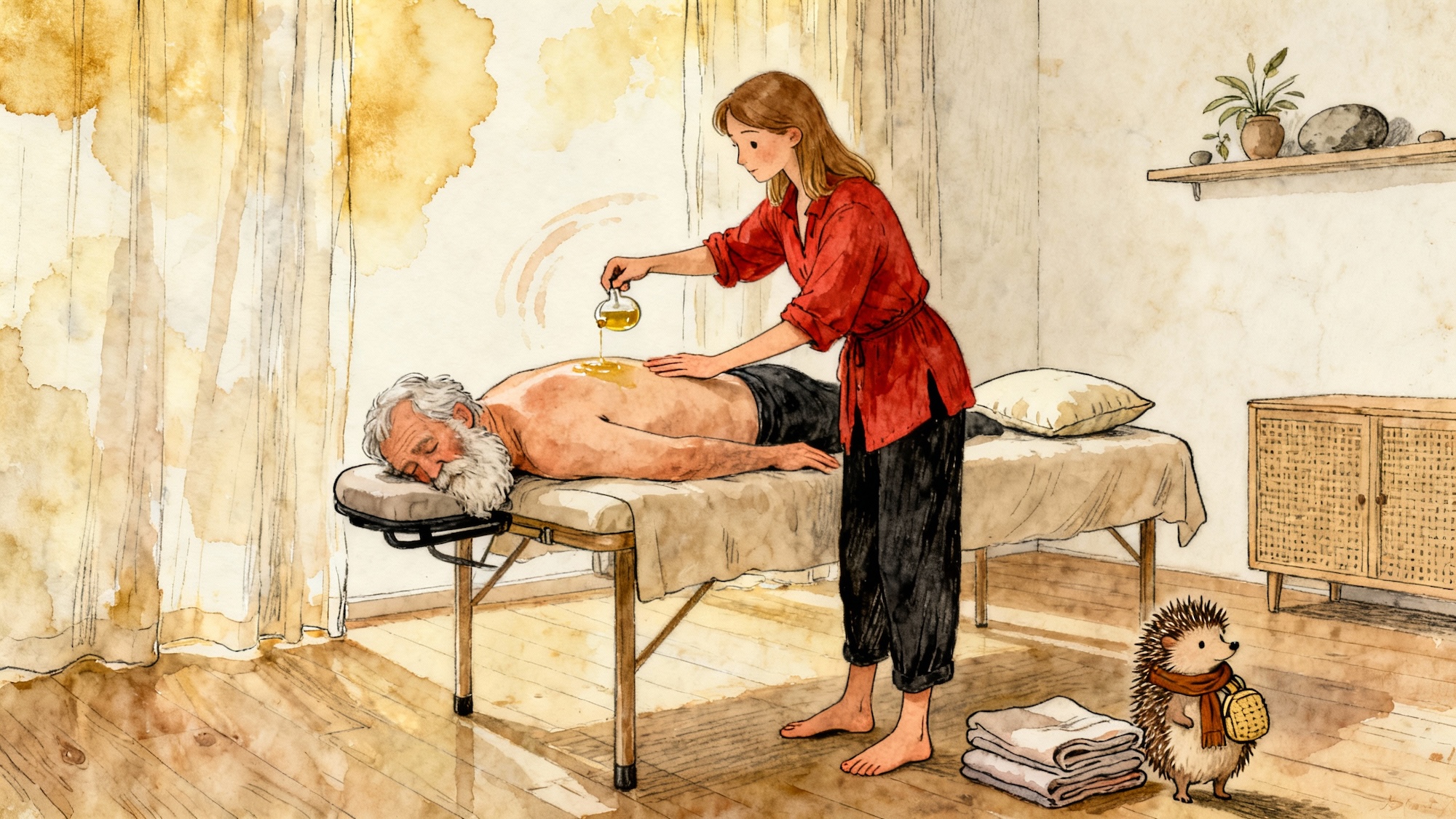 Therapist pours warm oil on an older client’s back during a prone session in a calm watercolor studio scene.